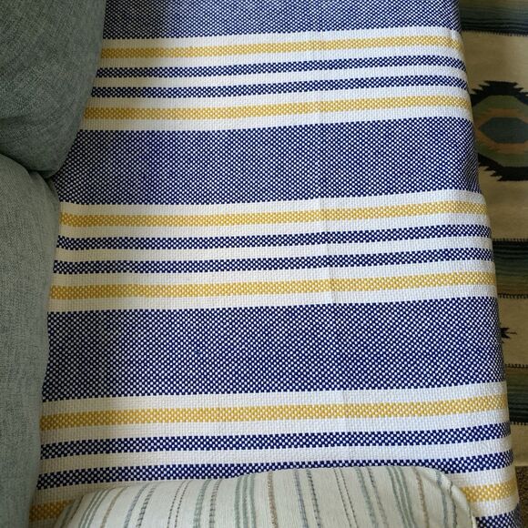 Pottery Barn Handwoven Throw Blanket 66x66”Navy Striped Modern Farmhouse Coastal - Picture 3 of 8